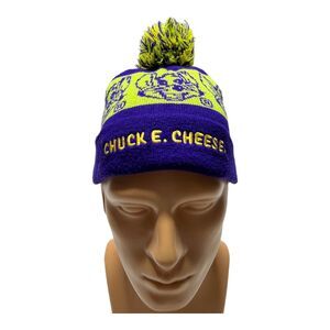 Chuck E Cheese Winter Hat Knit Beanie Cap with POM Ball Mouse Green Purple